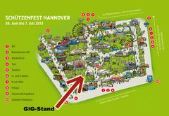 Grünes Bild mit dem Lageplan des Schützenfests Hanover. Großer roter Pfeil zeigt auf den GiG-Stand